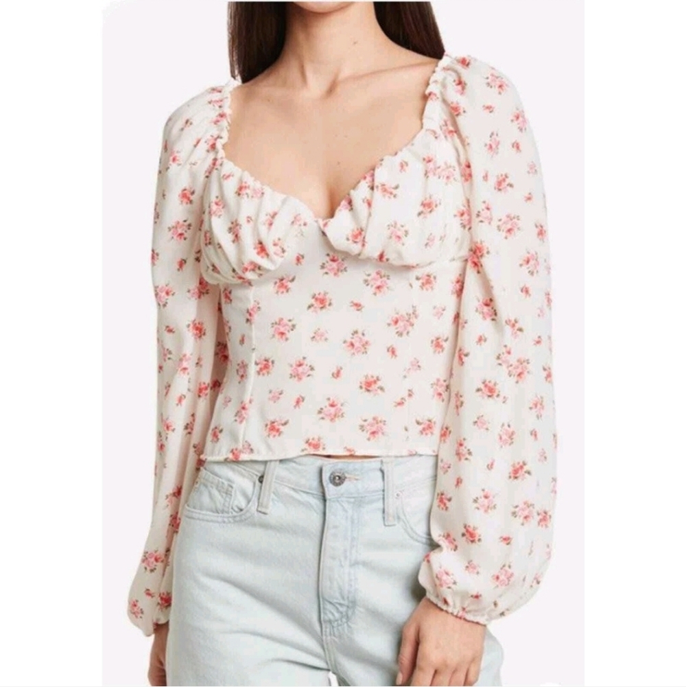Abound Woven Bustier Long Sleeve Blouse Women's Size XS White Floral Shirt